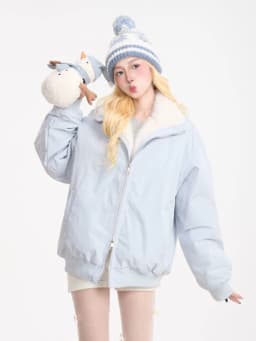 Cute Faux Lamb Parkas Women Loose Stand Collar Thick Warm Winter Sweet Cotton Coat Retro Loose Long Sleeve Pockets Kawaii Jacket