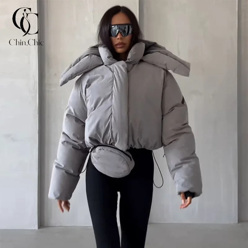 Detachable Big Hood Women Puffer Jackets Oversized Loose Winter Warm Padded Coat Streetwear High Neck Drawstring Hem Outerwear