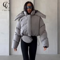 Detachable Big Hood Women Puffer Jackets Oversized Loose Winter Warm Padded Coat Streetwear High Neck Drawstring Hem Outerwear