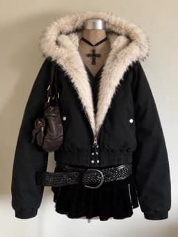 American Vintage Women Faux Fur Hooded Jacket Cropped Zip Up Quilted Coat Y2K Punk Streetwear Winter Warm Outerwear Women