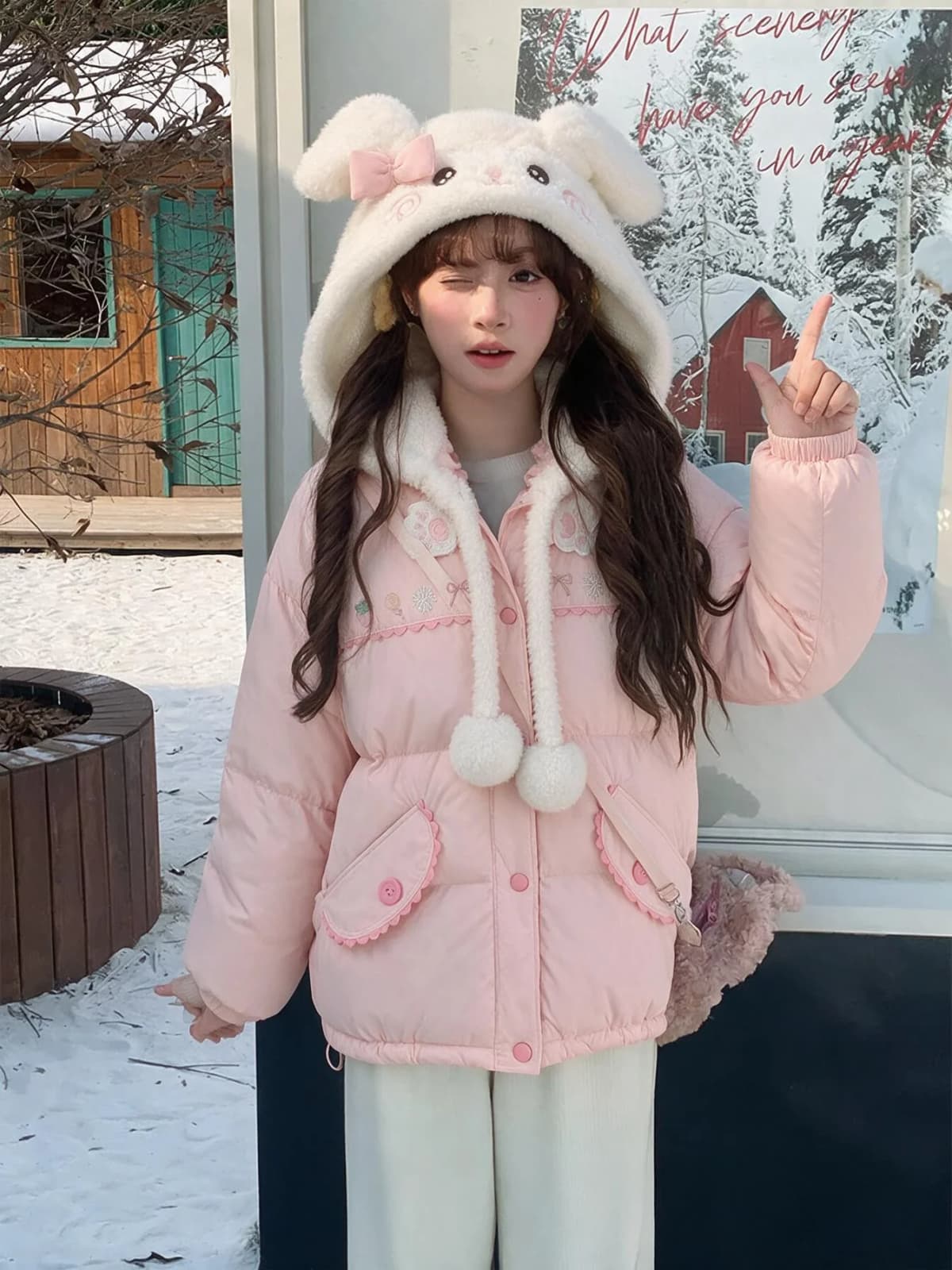 Kawaii Japanese Rabbit Printed Hooded Cotton Parka Women Y2K Vintage Korean Subculture Harajuku Casual Winter Coat Jacket