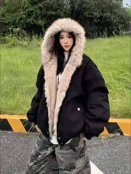 American Vintage Women Faux Fur Trim Hooded Jacket Cropped Zip Up Quilted Coat Y2K Grunge Streetwear Winter Warm Outerwear