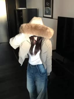 Lady Navy Blue Cropped Hooded Puffer Jacket With Faux Fur Collar Zip‑up Loose Short Cotton Padded Coat Winter Warm Outerwear
