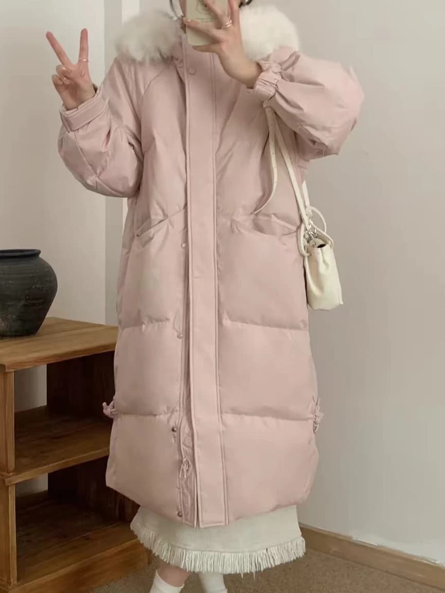 Ladies Y2K Vintage Korean Long Parka Winter Faux Fur Collar Cotton Padded Jacket Thick Warm Casual Streetwear Outer Coat