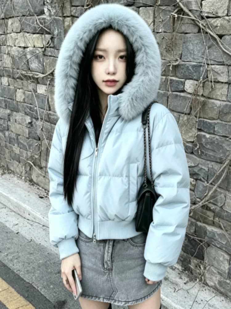 2026 Korean Fashion Faux Fur Collar Women Winter Parka Warm Cotton Padded Jacket Y2K Vintage Casual Daily Outerwear Long Coats