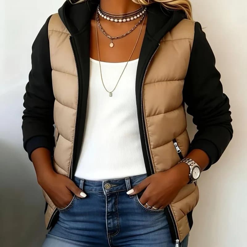 Women's Color Block Hooded Puffer Jacket -Quilted Zip Up Coat with Contrast Sweatshirt Sleeves, Casual Lightweight Winter Outer