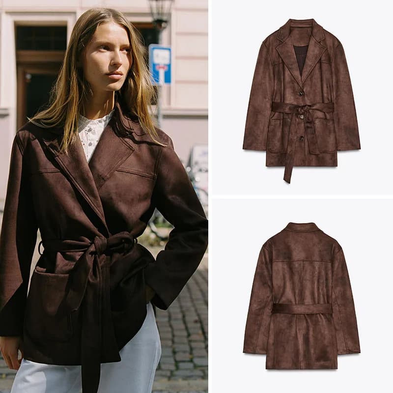New Arrival Autumn Women's Casual Waist-Cinching Faux Leather Effect Jacket Coat Long Sleeve Street Style Regular Length