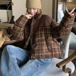 Winter Plaid Patchwork Parkas Women Preppy Style Loose Stand Collar Thick Warm Puffy Coats Retro All Match Cropped Outwear Tops