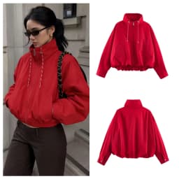 Guobioziy 2026 Autumn Women's Short Thick Jacket Stand Collar with Drawstring Hem Zipper Long Sleeve Loose Casual Pocket Coat