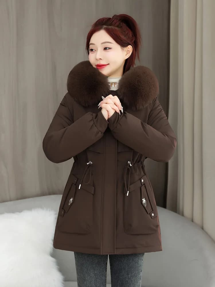 Women's Winter Jacket 2025 New Style Thickened Fleece Lined Waist-Cinching Warm Cotton Coat Long Sleeve Zipper Closure ...