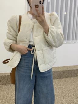 White Thickened Cotton Jacket Women's Chic Winter New Style Elegant round Neck Bubble Sleeve Warm Coat Korean Style Loose Fit
