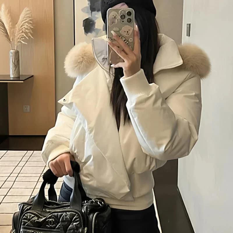 Korean Fur Collar Hooded Down Cotton Jacket Women Design Long Sleeve Zipper Up Cropped Parkas Woman Thicken Warm Winter Coats