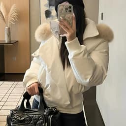 Korean Fur Collar Hooded Down Cotton Jacket Women Design Long Sleeve Zipper Up Cropped Parkas Woman Thicken Warm Winter Coats