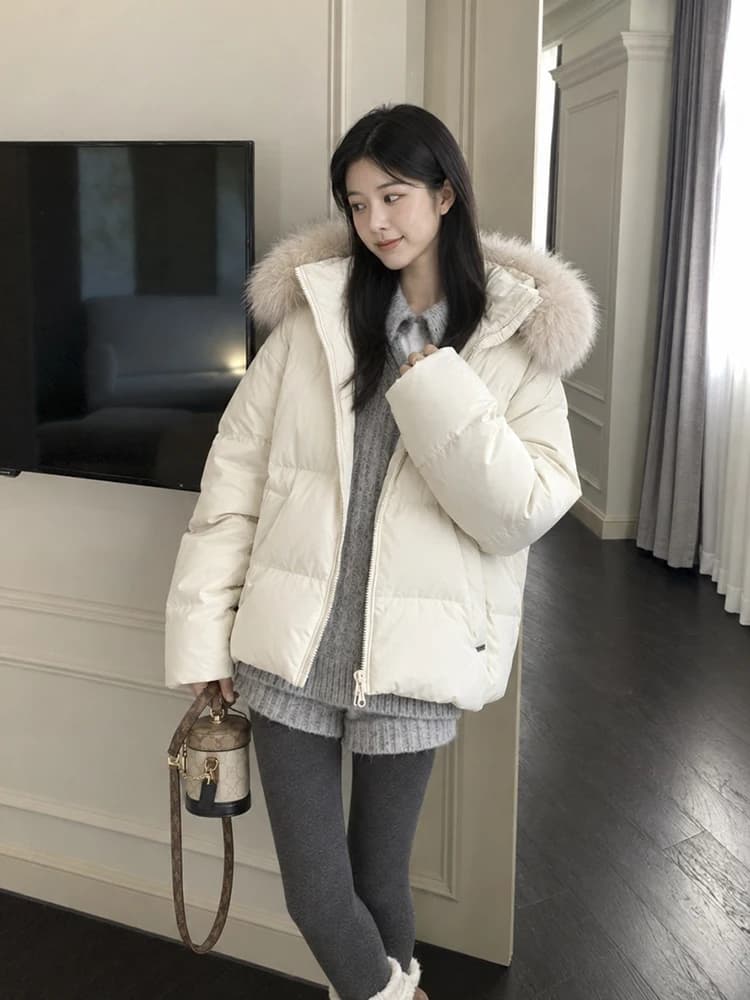 Winter Hooded Natural Large Fur Collar Down Jacket Women White Duck Down Zipper Parker Outwears Female Warm Thick Down Jacket
