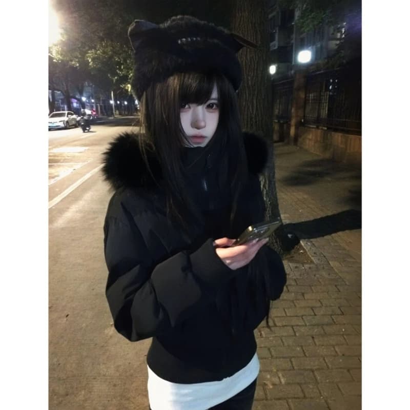 American Vintage Long Sleeve Faux Fur Collar Hooded Parkas Women Casual Y2k Retro Solid Color Cropped Coat Autumn Winter