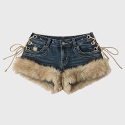 Winter New Women's Retro Design Fluffy Splicing Jeans Shorts Y2k Low-rise Strap Slim Hot Pants