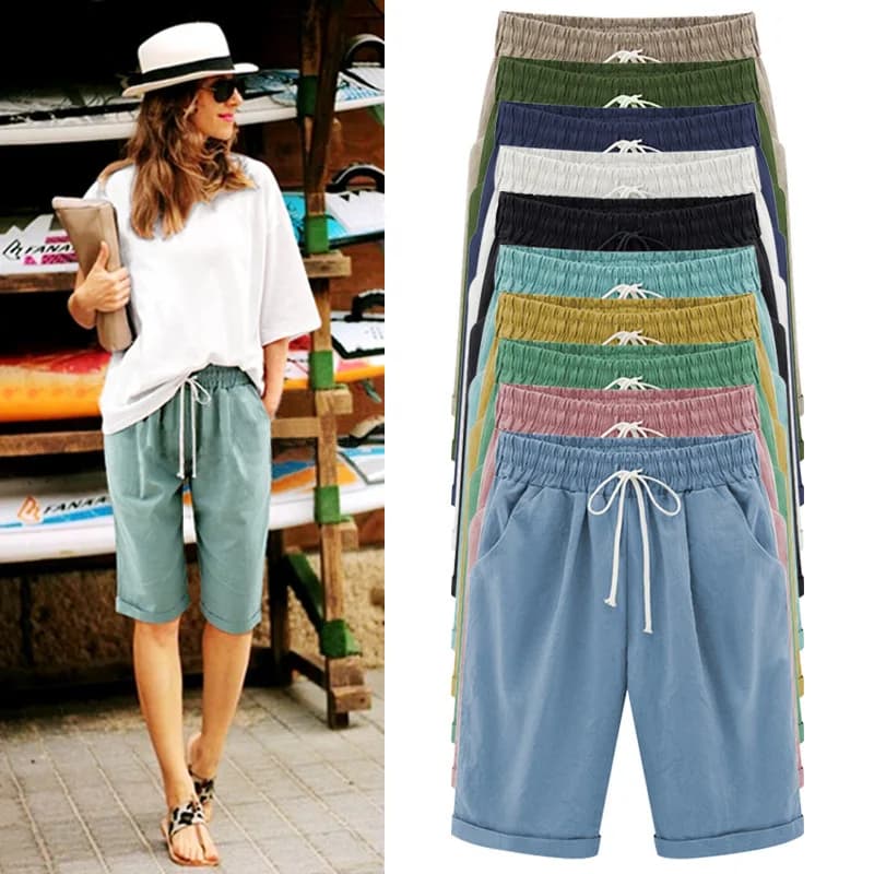 Women Shorts Summer Loose Solid Color Elastic Waist Drawstring Pockets Fashionable Woman's Shorts Dropshipping Sale YDS7088