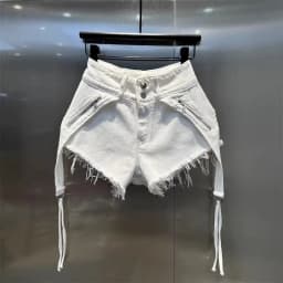 White Zipper Splicing High Waist Buckle Rough Edge Irregular Denim Shorts Summer A-word Wide-leg Hot Pants