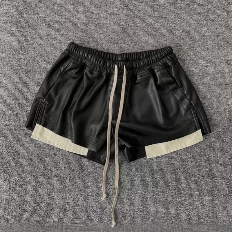 Summer Women's PU Leather Shorts Dark Retro Side Split Color Block Elastic Waisted Drawstring Hot Shorts Female Clothing
