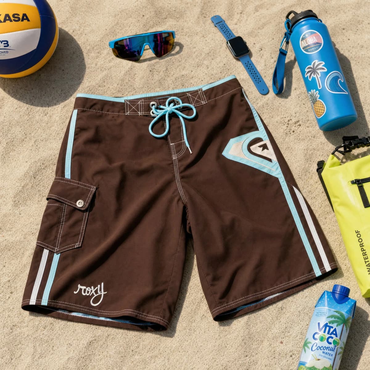 Brown Board Shorts Women Light Blue Trim Side Pocket Striped Detail  Low Rise Beach Streetwear Casual Summer Fashion Hot Pants