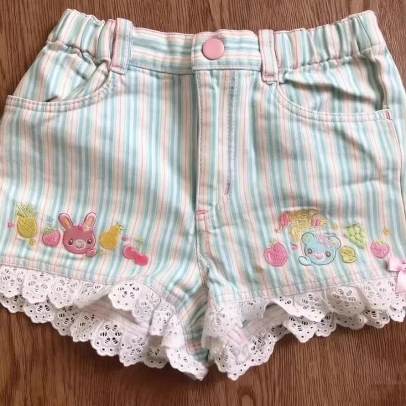 Y2k Aesthetics Sweet Shorts Striped Cartoon Embroidery Bow Lace Patchwork Short Pants Japanese Cute All Match Women's Clothing