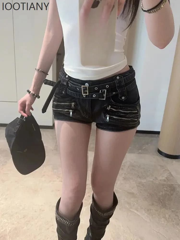 Streetwear Punk Multi Zipper Patchwork Vintage Gothic Cargo Denim Shorts Women Y2k Mini Hot Pants Slim Fit Short Jeans