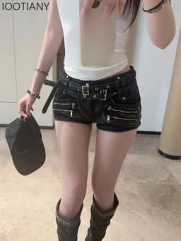 Streetwear Punk Multi Zipper Patchwork Vintage Gothic Cargo Denim Shorts Women Y2k Mini Hot Pants Slim Fit Short Jeans