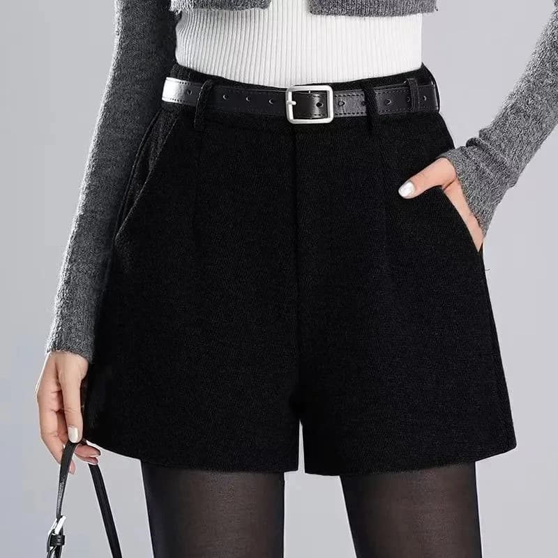 Women's High Waisted Woolen Shorts For Autumn Winter 2026 New Black Loose Casual Wide Leg A-line Boot Pants Female