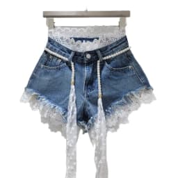 2026 Summer New Arrivals: Crochet Lace Trim Slimming Raw Hem Denim Shorts + Pearl Belt, Hot Pants for Women, Pink Shorts