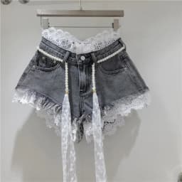 2026 Summer New Arrivals: Crochet Lace Trim Slimming Raw Hem Denim Shorts + Pearl Belt, Hot Pants for Women, Pink Shorts