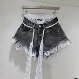 2026 Summer New Arrivals: Crochet Lace Trim Slimming Raw Hem Denim Shorts + Pearl Belt, Hot Pants for Women, Pink Shorts
