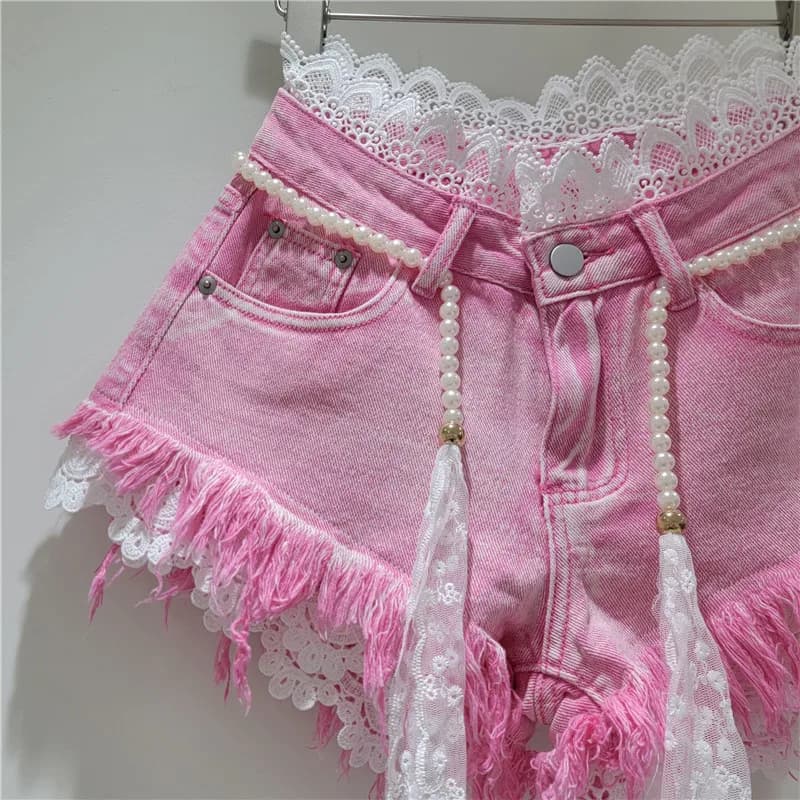 2026 Summer New Arrivals: Crochet Lace Trim Slimming Raw Hem Denim Shorts + Pearl Belt, Hot Pants for Women, Pink Shorts