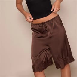 Women Satin Lace Trim Knee Length Bermuda Shorts Drawstring Elastic Waist Wide Leg Midi Shorts Casual Loungewear Holiday Shorts