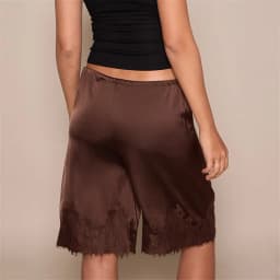 Women Satin Lace Trim Knee Length Bermuda Shorts Drawstring Elastic Waist Wide Leg Midi Shorts Casual Loungewear Holiday Shorts