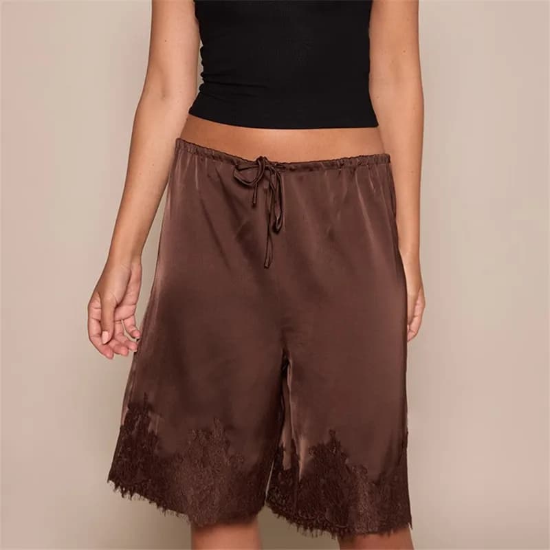 Women Satin Lace Trim Knee Length Bermuda Shorts Drawstring Elastic Waist Wide Leg Midi Shorts Casual Loungewear Holiday Shorts