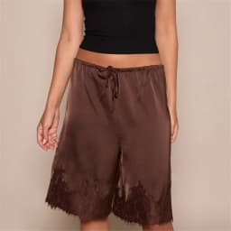 Women Satin Lace Trim Knee Length Bermuda Shorts Drawstring Elastic Waist Wide Leg Midi Shorts Casual Loungewear Holiday Shorts