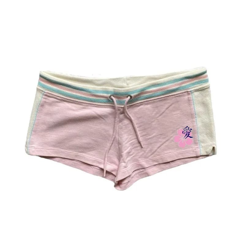 Y2K Color Block Striped Hot Pants Sakura Love Print Shorts Women Low Waist Drawstring Summer Mini Beach Shorts Spicy Girls
