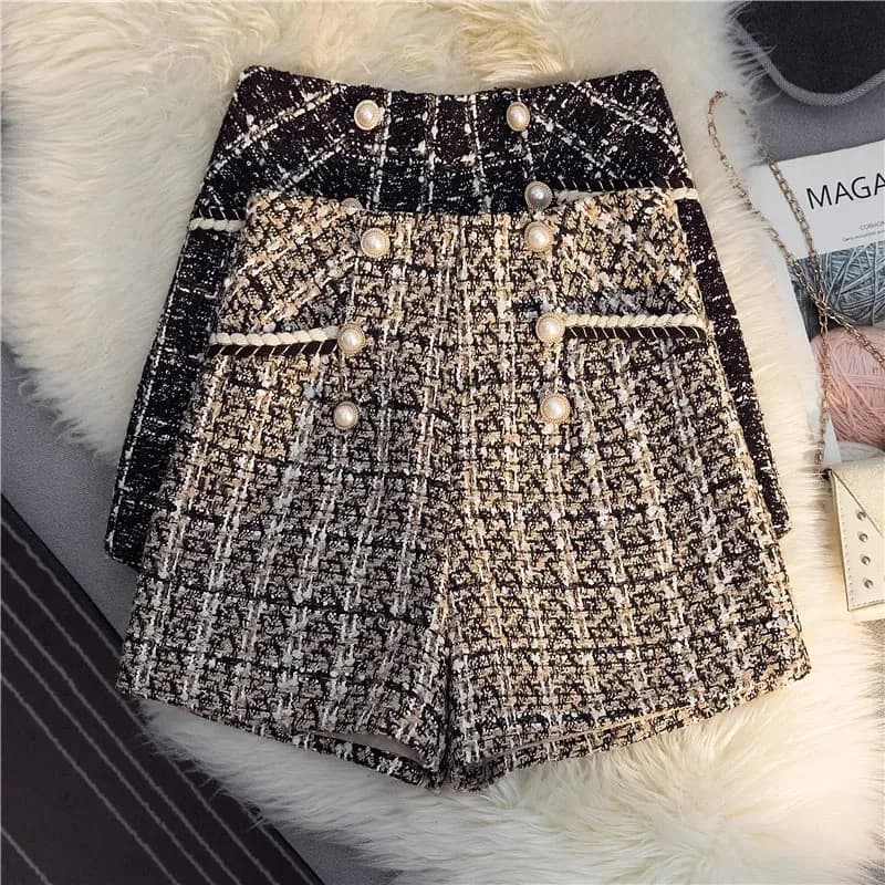 Vintage Plaid Women Tweed Shorts Spring High Waist Office Lady Casual A Line Pants Y2K Harajuku All Match Blend Wide Leg Shorts