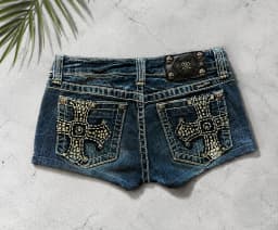 Y2k Gothic Pocket Cross Rivet Embroidered Denim Shorts Women Retro Sexy Blue Washed Casual Rhinestone Shorts Hip Wrapping Jeans