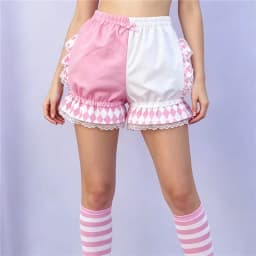 Women Lolita Bloomers Shorts Color Patchwork Ruffled Lace Hem Elastic Waist Pumpkin Pantalettes Sweet Gothic Cosplay Short Pants