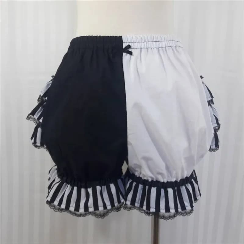 Women Lolita Bloomers Shorts Color Patchwork Ruffled Lace Hem Elastic Waist Pumpkin Pantalettes Sweet Gothic Cosplay Short Pants