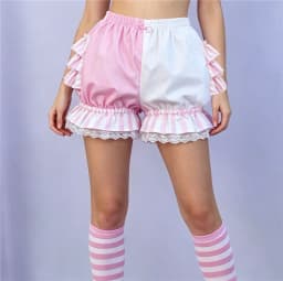 Women Lolita Bloomers Shorts Color Patchwork Ruffled Lace Hem Elastic Waist Pumpkin Pantalettes Sweet Gothic Cosplay Short Pants