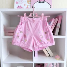 Japaneese Y2K Kawaii Cartoon Bunny Print Women Casual Shorts Women Elastic Waist Bottoms Pocket Rolled Hem Casual Shorts