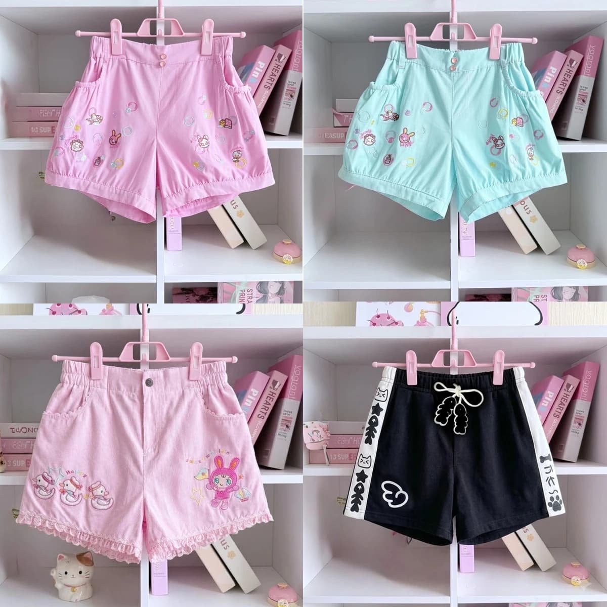 Japaneese Y2K Kawaii Cartoon Bunny Print Women Casual Shorts Women Elastic Waist Bottoms Pocket Rolled Hem Casual Shorts