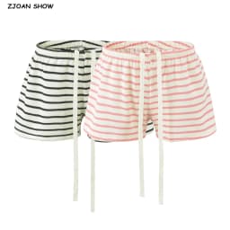 Autumn Women Pink White Stripes Drawstring Elastic Waist Shorts Knitting Polyester Cotton Mini Short Pants Casual Trousers Black