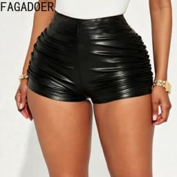 FAGADOER Sexy Leather Shorts Women High Waist Stretchy Ruched Side Bodycon Hot Pants Shiny PU Leather Y2K Clubwear Party Outfit