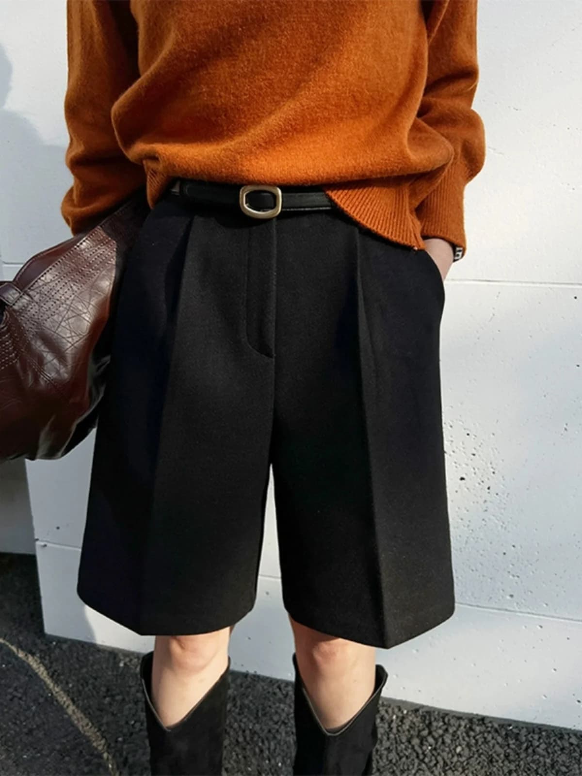 Fashion Thicken Warm Loose Pockets Female Faux Woolen Straight Shorts 2025 Autumn Winter High Waist Ladies Wide Leg Shorts N809