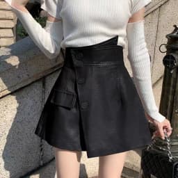 High Waist Asymmetric Vintage Womens Leather Shorts Skirts With Button 2024 Autumn Winter Fake Two Pieces Pu Short Pants