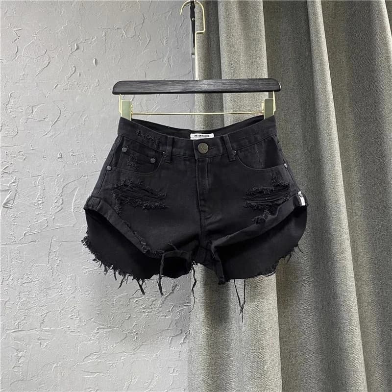 Sexy Low Waisted Denim Shorts for Women Korean Style Loose Ripped Edge Hot Pants Summer Blue A-line Wide Leg Shorts