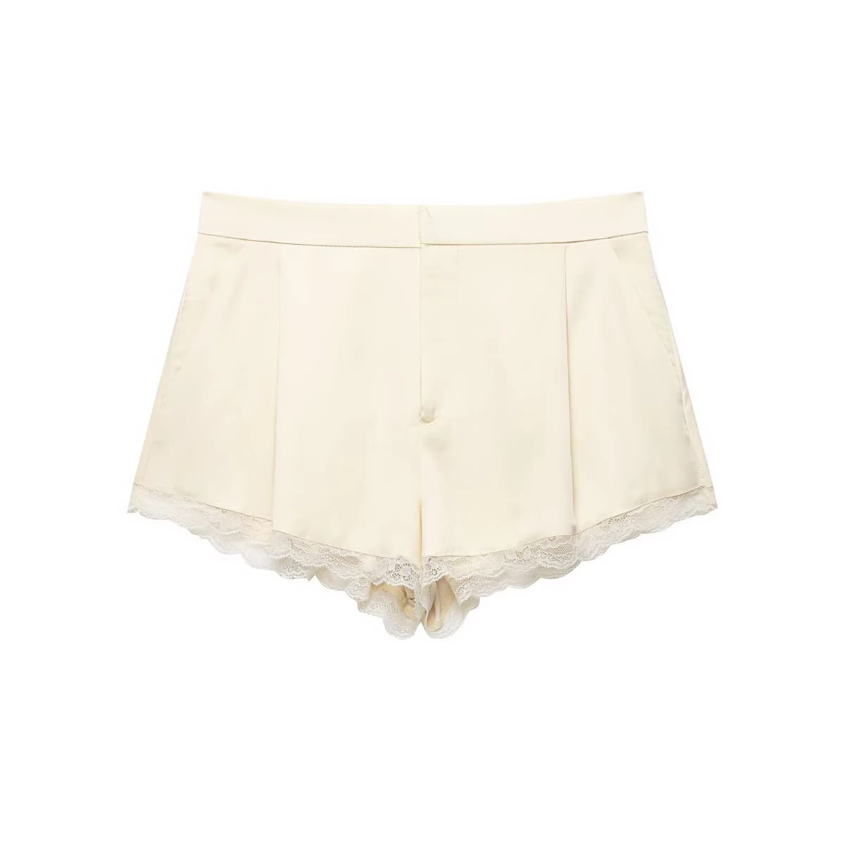 European and American style spring new women's casual style front pleated mid waist lace embellished satin texture shorts